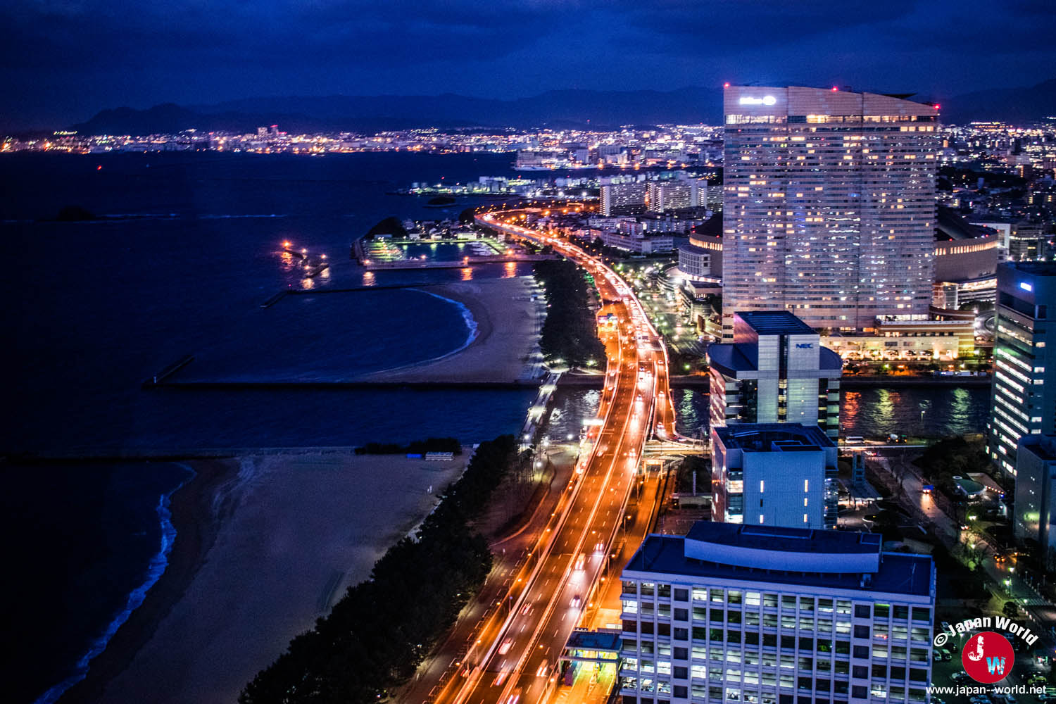 Front de mer de Momochi et avenue éclairée la nuit